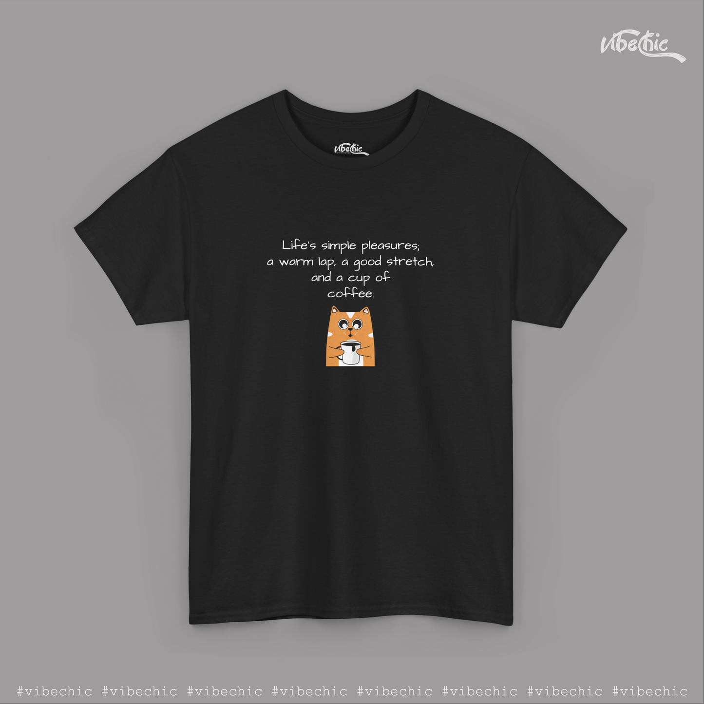 Comfy Cat on Lap with Coffee - Graphic Cotton T-Shirt - Vibe Chic Official - Tee Shirt