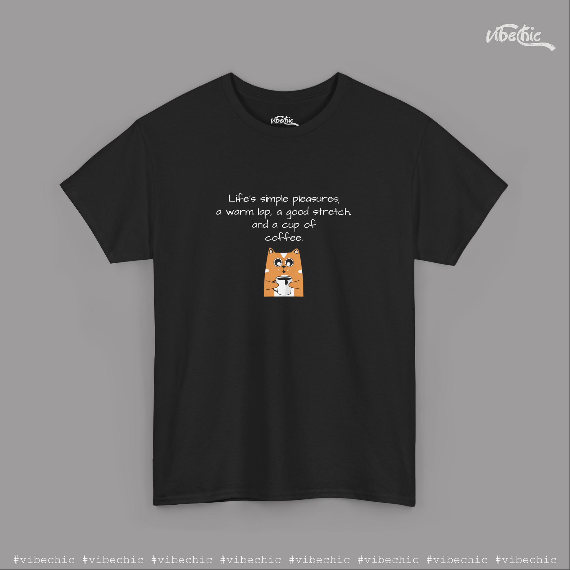Comfy Cat on Lap with Coffee - Graphic Cotton T-Shirt - Vibe Chic Official - Tee Shirt